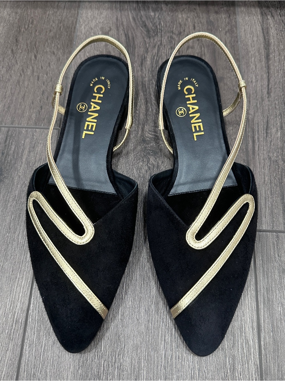 CHANEL 2026 Black Suede Flats with Gold Trim Slingbacks 38 BLAZY